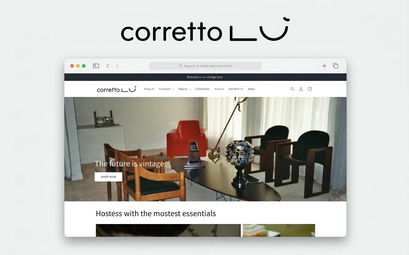 The Corretto Lu online store built by co.gent, a vintage furniture and objects homepage with a Shop Now call to action