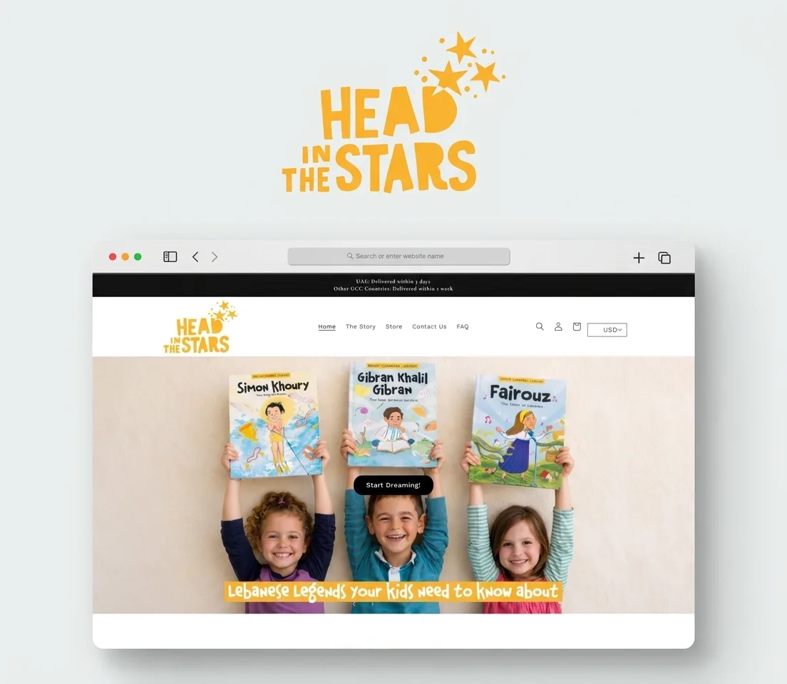 The Head in the Stars World online store built by co.gent, showing children's illustrated books with a Start Dreaming call to action