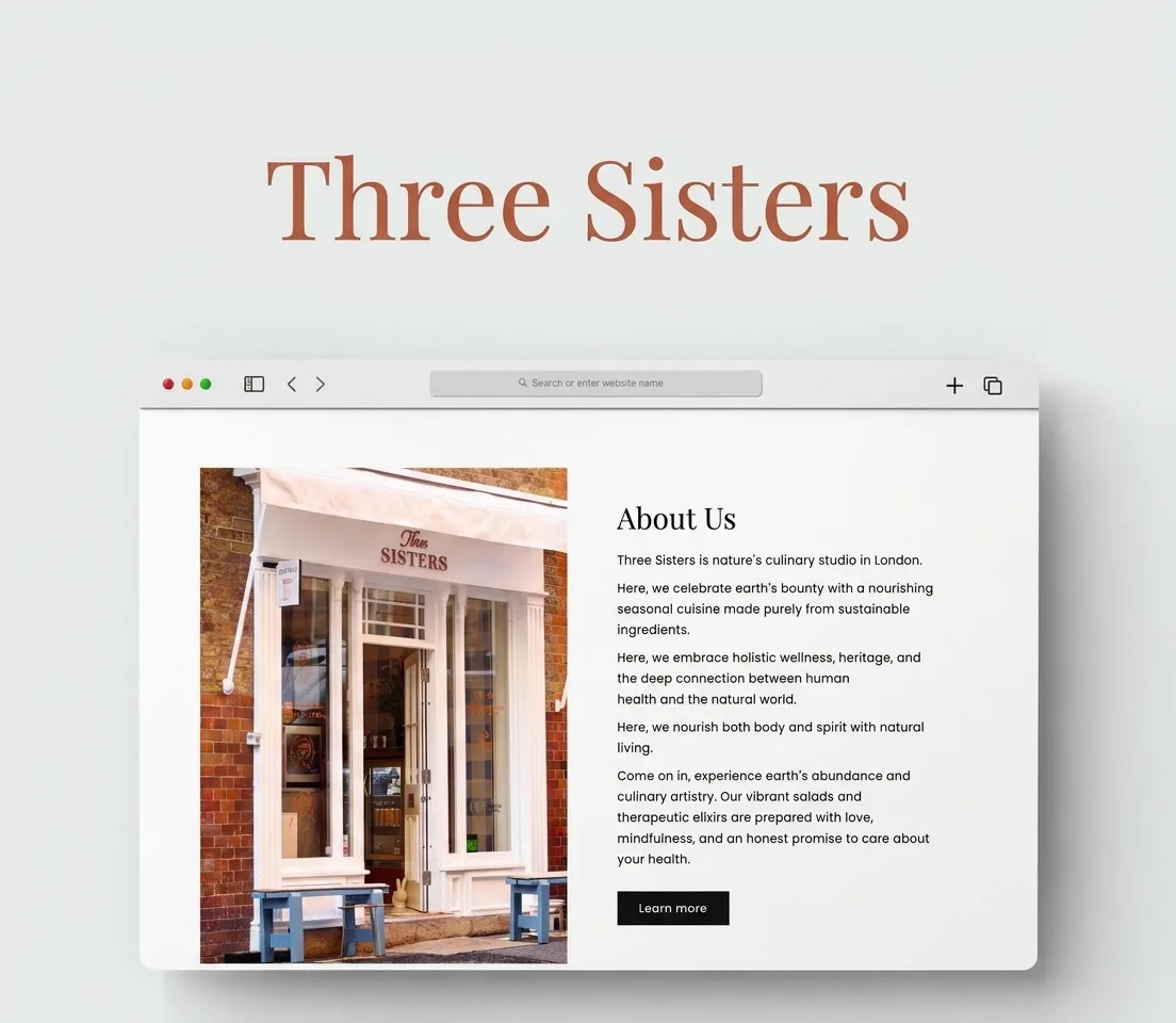 The Three Sisters London online store built by co.gent, a storefront photo and About Us section for a nature based culinary studio